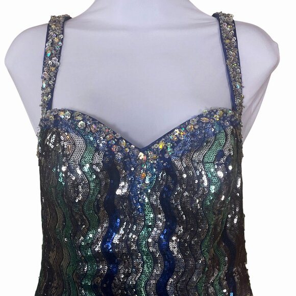 Xtreme Couture Green & Blue Wavy Sequin Mini Dress Embellished Straps 6 NWT - Picture 2 of 10